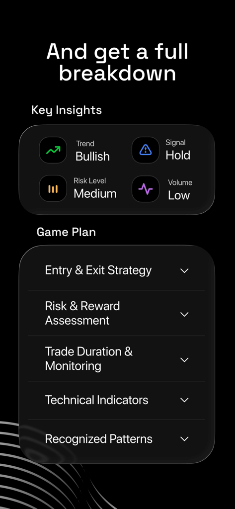 Profit AI mobile app interface showing key market insights and a trading game plan including entry exit strategy and technical indicators
