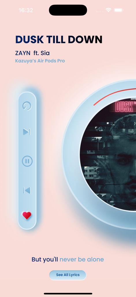 Flat Equalizer FX-Bass Booster - Music playback interface with lyrics and controls for AirPods Pro