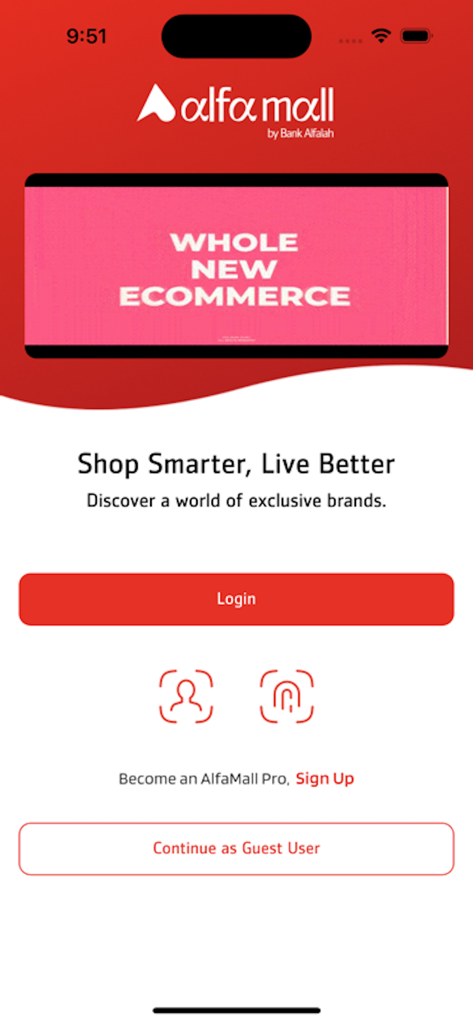 Alfamall mobile app login screen featuring options for biometric authentication and guest access