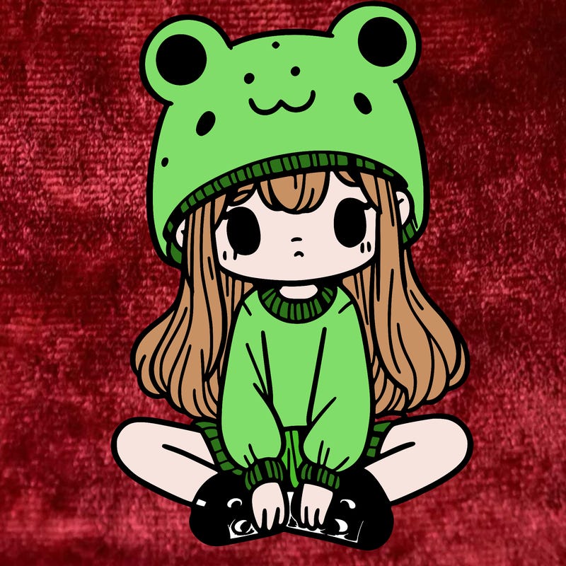 a girl wearing a frog hat and some frog socks