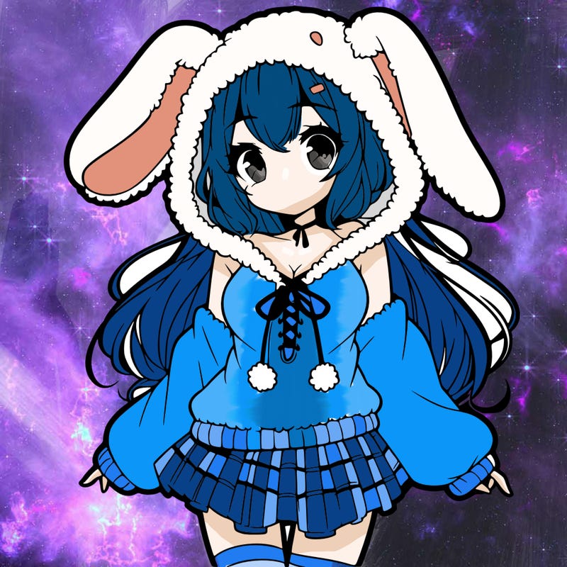 pretty anime girl wearing a fluffy hoodie with bunny ears on the hood and a skirt