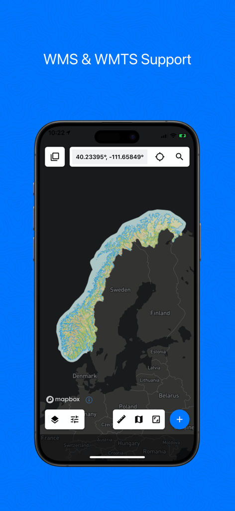 Touch GIS app interface on a smartphone showing WMS and WMTS map support with a view of Norway and Sweden