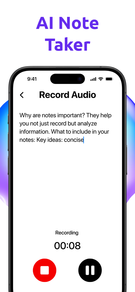 Una pantalla de móvil que muestra la aplicación AI Note Taker grabando audio con transcripción en tiempo real de una nota de voz.