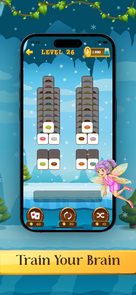 Tile Match Master Game - Écran du jeu Tile Match Master montrant un niveau d'hiver et le texte d'entraînement cérébral