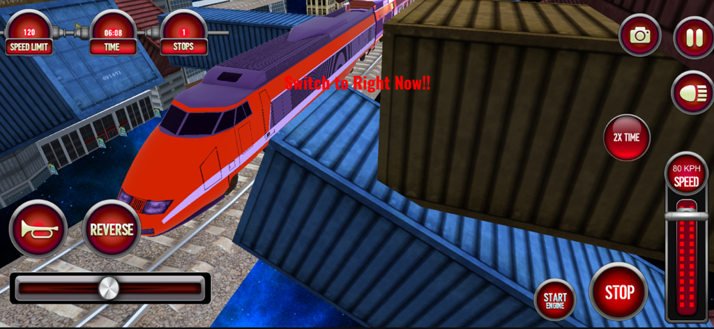 Un tren rojo de alta velocidad sobre vías pasando por contenedores de carga azules en una simulación de conducción de trenes 3D con controles en pantalla.