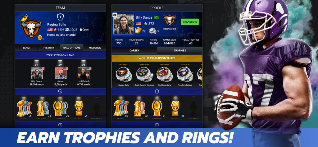 Football Battle - Touchdown! - Football Battle game interface showing player profile stats team rankings and earned championship rings