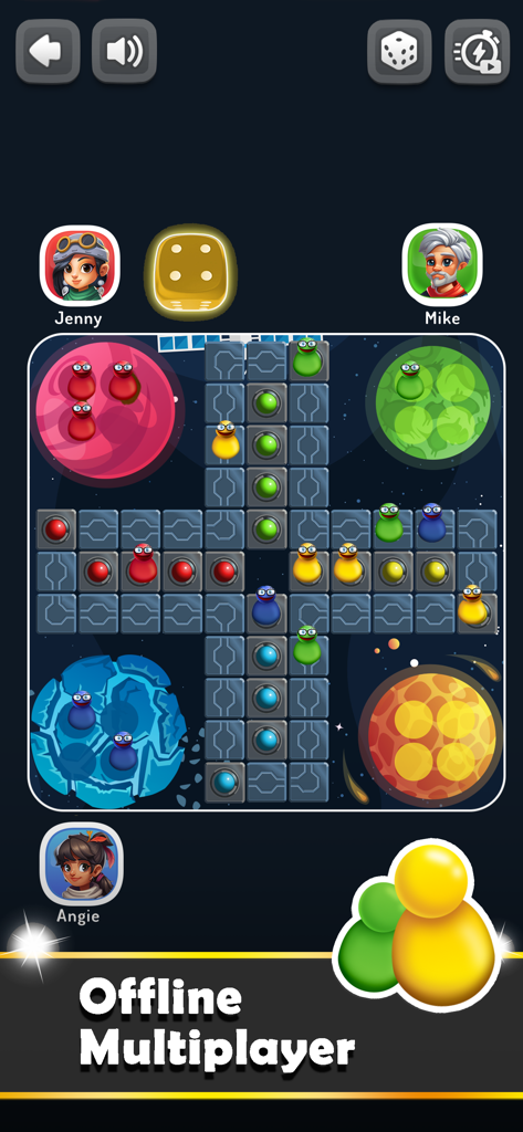Ludo Trouble mobile game screenshot showing offline multiplayer on a space themed board