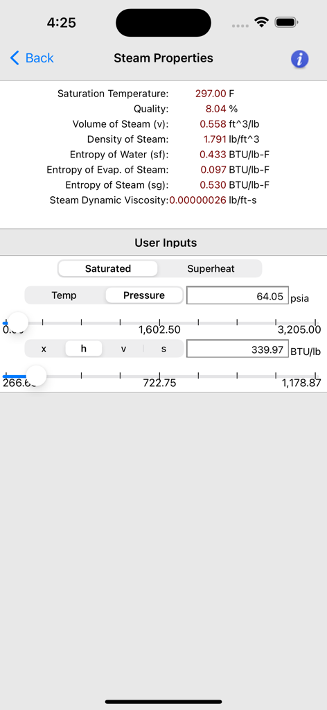 Interface of the Steam Tables app showing calculated steam properties including saturation temperature and user input sliders for pressure and enthalpy