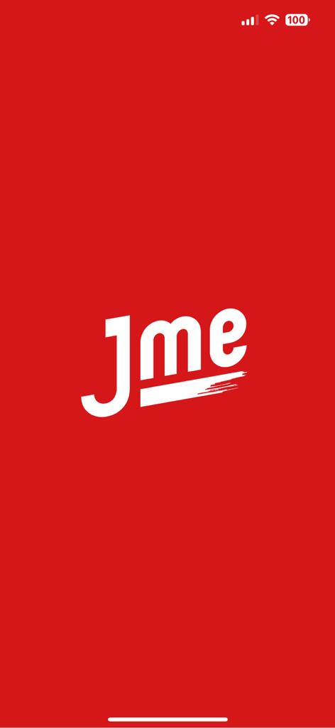 Jme TV - Jme TV app splash screen featuring the white Jme logo on a red background.