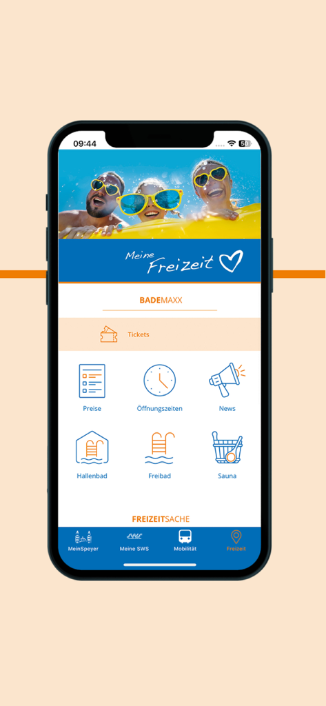 Mein Speyer - Mein Speyer app leisure screen featuring Bademaxx swimming pool and sauna services