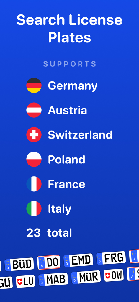 License Plate Wiki & Collect - Liste des pays européens pris en charge pour la recherche de plaques d'immatriculation, y compris l'Allemagne, l'Autriche, la Suisse, la Pologne, la France et l'Italie.