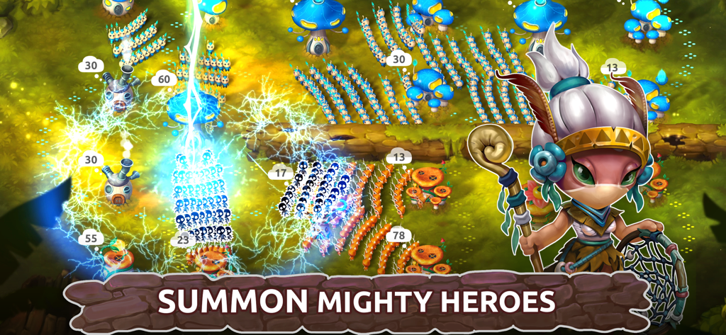 Mushroom Wars 2 gameplay showing a hero character and real time strategy battle with mushroom units