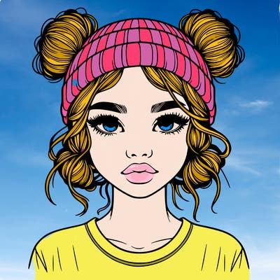 realistic girl with buns in her hair with a beanie on