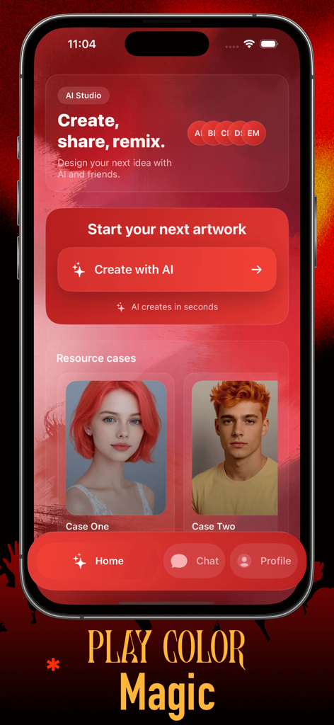Crao - Tela inicial do aplicativo Crao exibindo ferramentas de coloração de cabelo por IA e exemplos de estilo para transformação de cabelo digital.