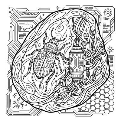 Journey to a world where ancient history meets a high-tech future with this captivating coloring page featuring a beetle trapped in cyberpunk fossilized amber. This intricate design is packed with wires, circuits, and robotic details, offering a unique artistic challenge.