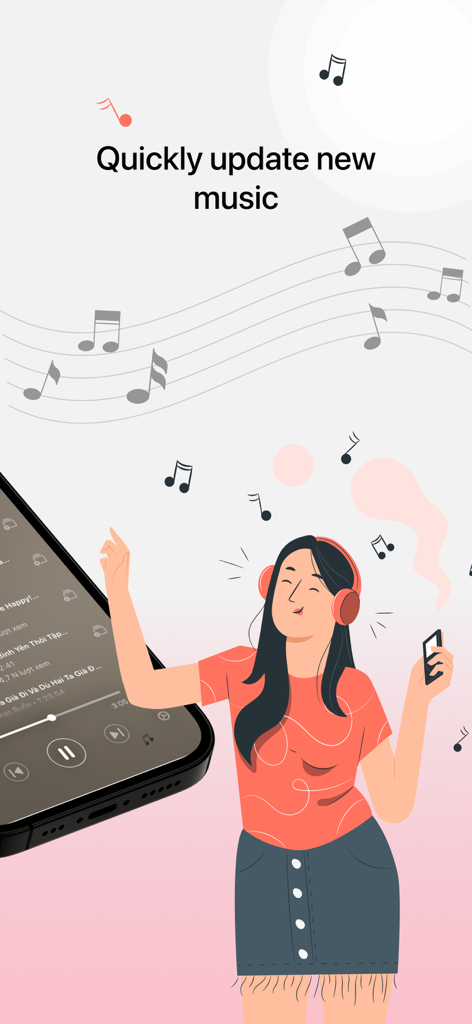 Illustration of a woman with headphones dancing next to a phone displaying the 9Tube music player