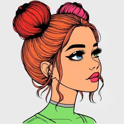 realistic girl with buns on the top of her head