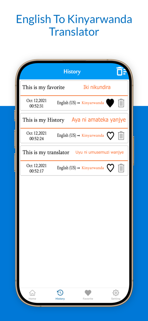 English To Kinyarwanda Trans - 履歴画面。日付と、お気に入りに登録または削除するオプションが表示された最近の翻訳のリストを表示。