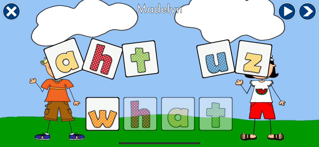 Fun Sight Words - A spelling game screen in the Fun Sight Words app where the word what is being formed with letter tiles