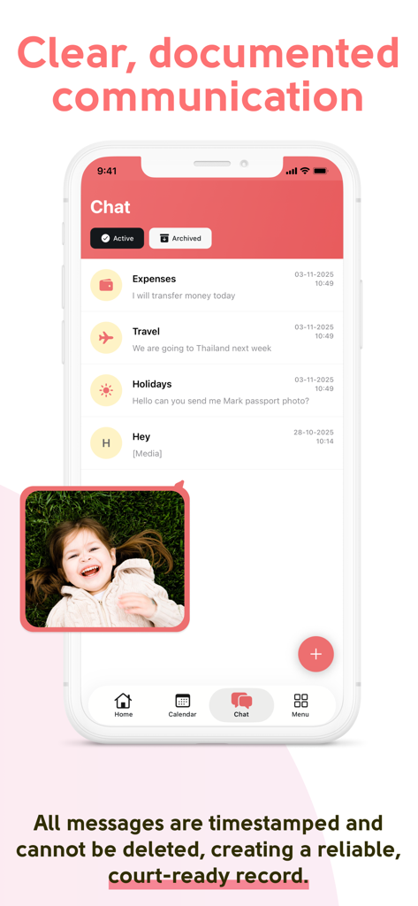 amicable - co-parent planner - Secure chat interface of the amicable co-parenting app showing message threads for expenses and travel with a note about court-ready records.