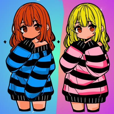 anime girl in a striped oversized sweater