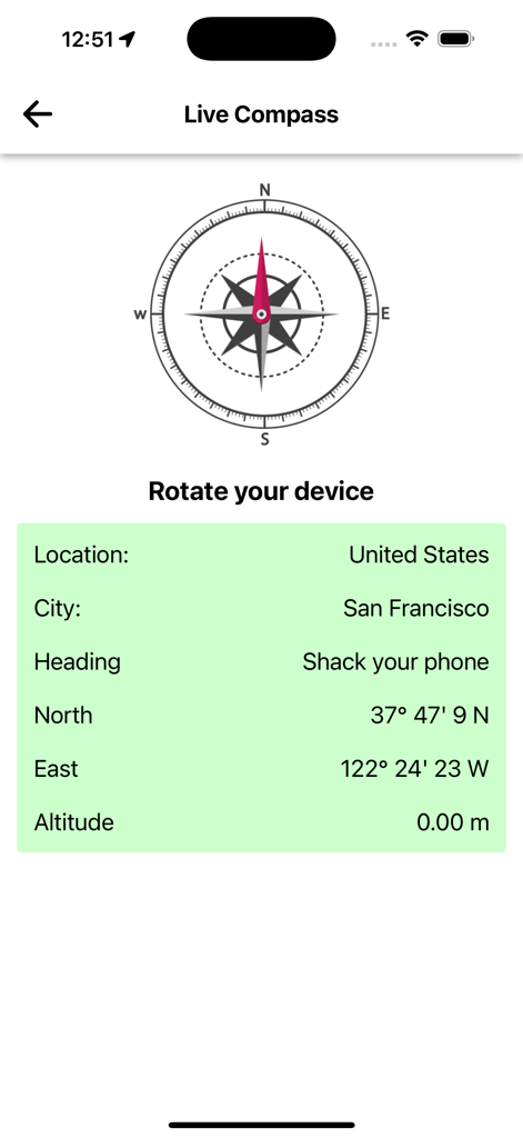 True Caller - Caller Id - Interfaz de la aplicación True Caller ID que muestra la función de Brújula en Vivo con coordenadas geográficas.
