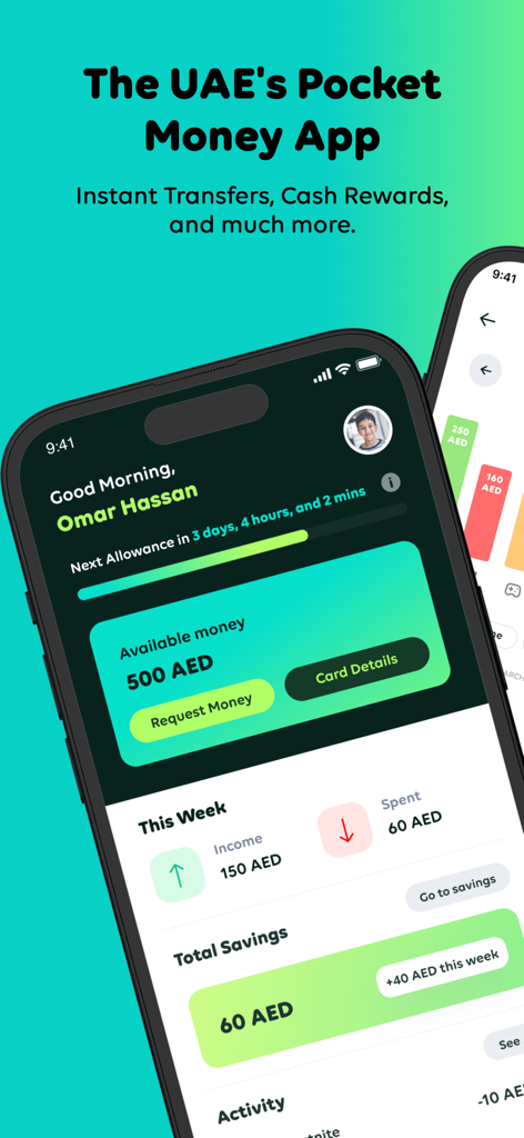 Leap - Youth Financial App - Dashboard of the Leap youth financial app showing available balance, allowance countdown, and spending history.