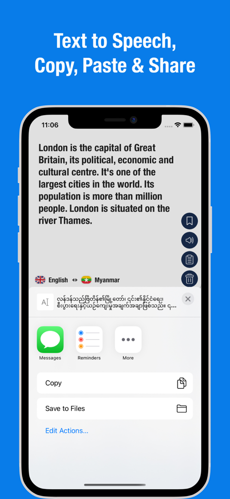 Screenshot of the Burmese to English Translator app showing text translation from English to Burmese with sharing and copy options on iPhone.