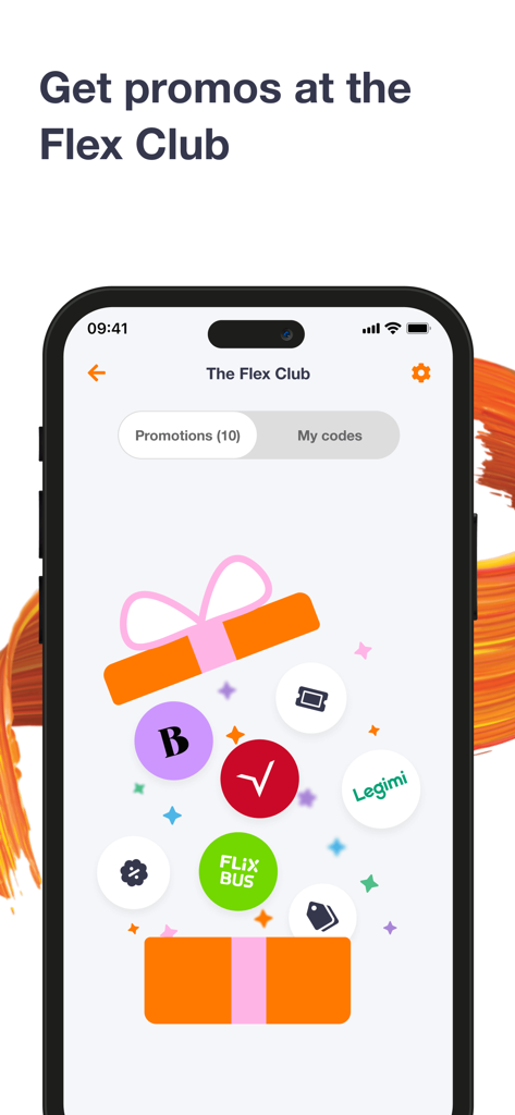 Orange Flex – offer with eSIM - Interface of the Orange Flex app's Flex Club showing available promotions and partner discounts.
