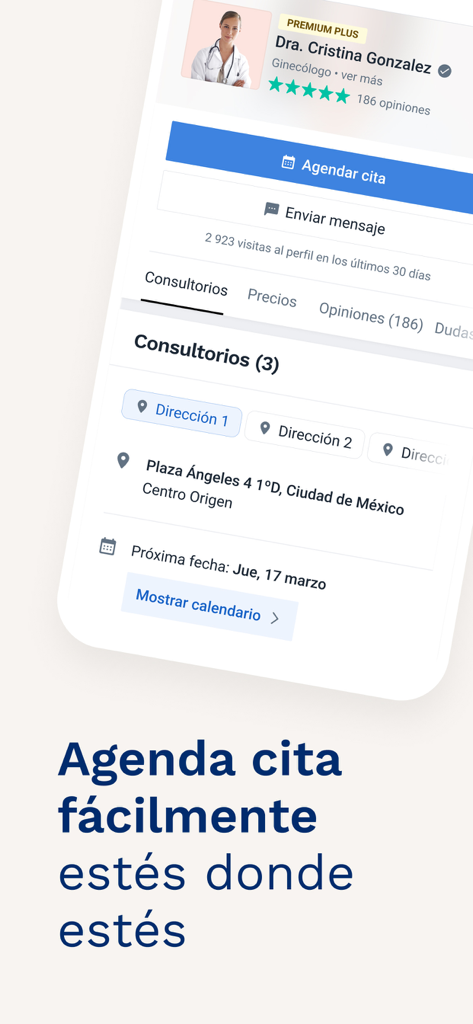 Perfil de médico no aplicativo Doctoralia México com opções para agendar consulta ou enviar mensagem.