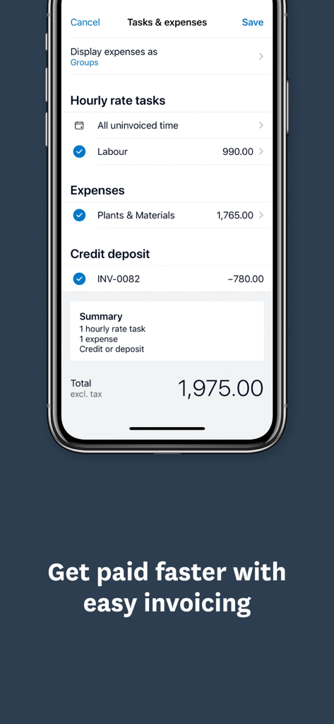 Xero Projects mobile app interface showing a summary of labor tasks and expenses for an invoice
