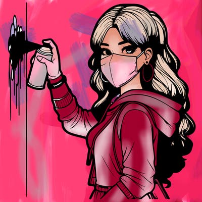 realistic girl with mask spray painting a wall