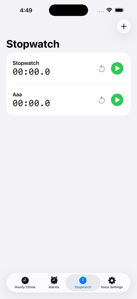 Human Voice Alarm Clock - Stopwatch screen of the Human Voice Alarm Clock app featuring a clean minimalist design with multiple timers.