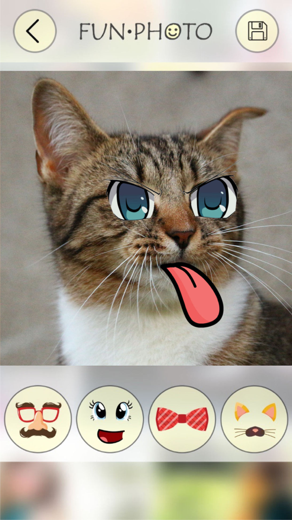 Face Changer - Masks, Effects, Crazy Swap Stickers - Un gato con ojos de anime y un sticker de lengua de dibujo animado en una aplicación móvil de edición de fotos