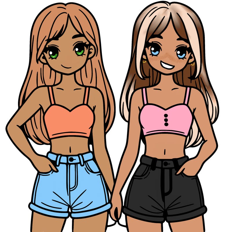 two sisters with crop tops and jean shorts and straight hair