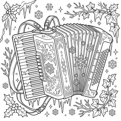 Unleash your creativity with this enchanting winter accordion coloring page, perfect for teens. Dive into a detailed scene featuring frost, snowflakes, and festive foliage surrounding a beautifully adorned instrument.
