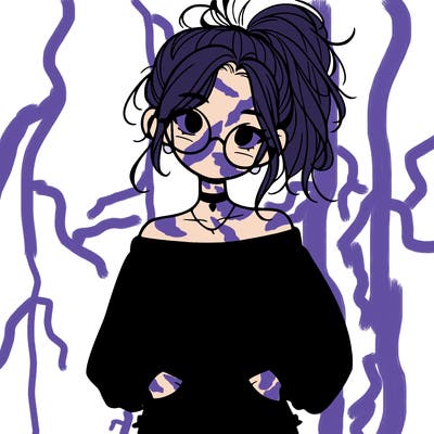 girl with a messy ponytail glasses a baggy crop top and jean shorts