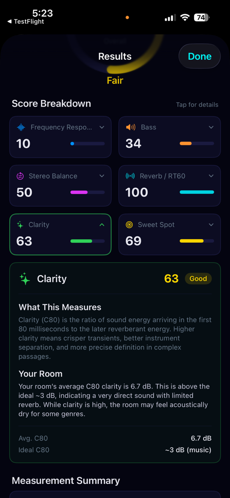 SonarRoom - A screenshot of the SonarRoom app showing a detailed breakdown of acoustic metrics including clarity and reverb