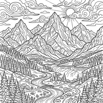 Immerse yourself in the serene beauty of a mountain landscape with this intricate line art coloring page. Perfect for adults and teens, it offers a tranquil escape to nature and a canvas for your creativity.