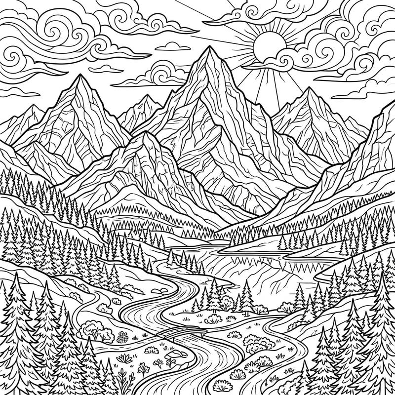 Immerse yourself in the serene beauty of a mountain landscape with this intricate line art coloring page. Perfect for adults and teens, it offers a tranquil escape to nature and a canvas for your creativity.