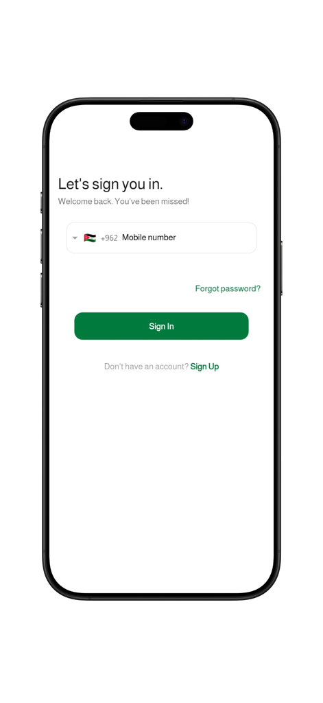 JRE : Hotel, Apartments - Sign in page of the JRE app showing a mobile number login field with the Jordanian flag and a green sign in button.