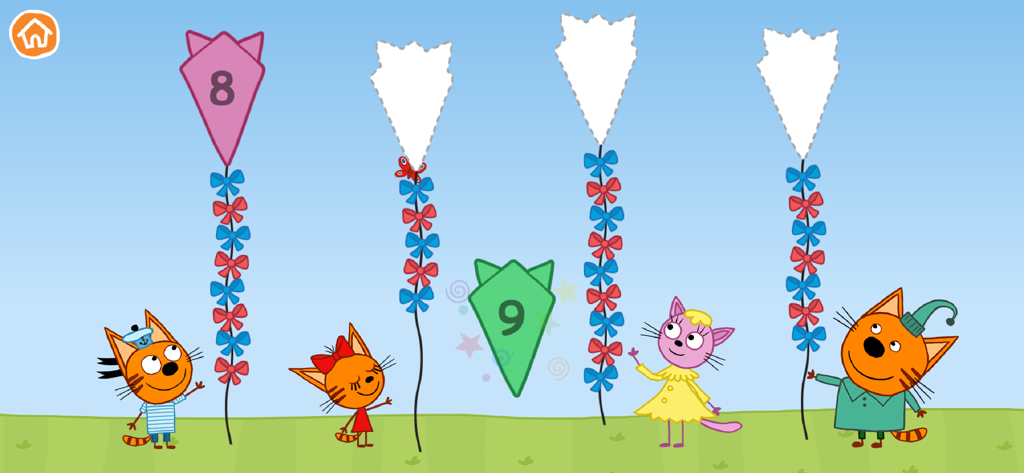 Kid-E-Cats characters learning numbers with colorful kites in a math mini-game