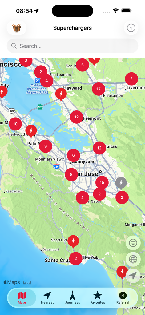 Supercharger for Tesla Station - Map interface of the Supercharger for Tesla Station app showing charging locations across the San Francisco Bay Area.
