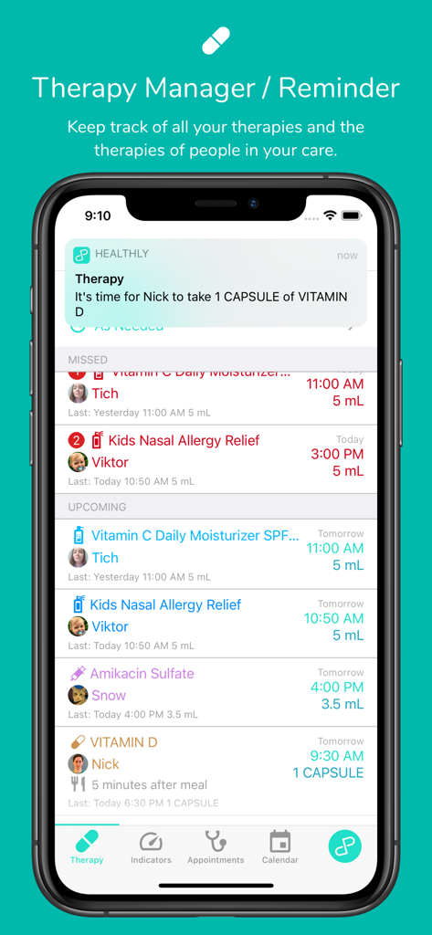 HealthLy: Therapy & Health - HealthLy app screen showing a therapy manager and medication reminders for multiple family profiles.