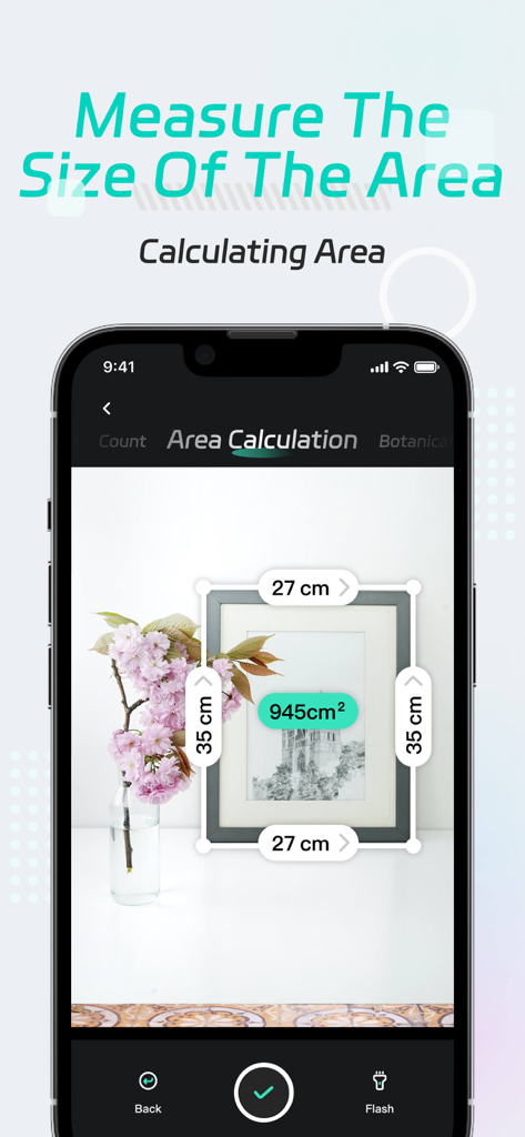 SmartScanner-AI Measure&Count - Interface de l'application SmartScanner montrant la fonction de calcul de surface par IA mesurant un cadre photo