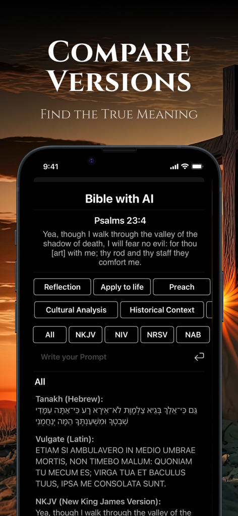 Bible Chat with AI - Screenshot of the Bible Chat with AI app showing a comparison of Psalms 23 4 in Hebrew, Latin, and English versions
