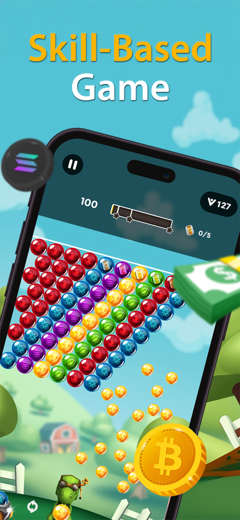 Smartphone screen showing Bubble Burst app gameplay with colorful bubbles and reward coins.