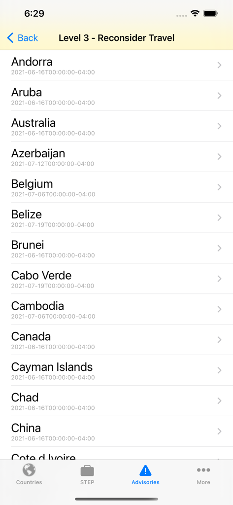 Smart Traveler - Smart Traveler app screen showing a list of countries under Level 3 Reconsider Travel status