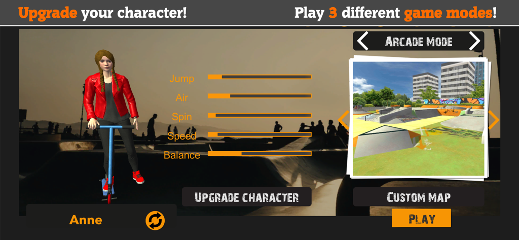 Pantalla de personalización de personajes y selección de modo de juego de Scooter FE3D 2.