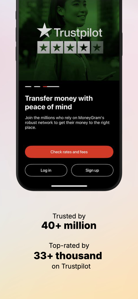 MoneyGram money transfer app home screen showing high Trustpilot rating and login options